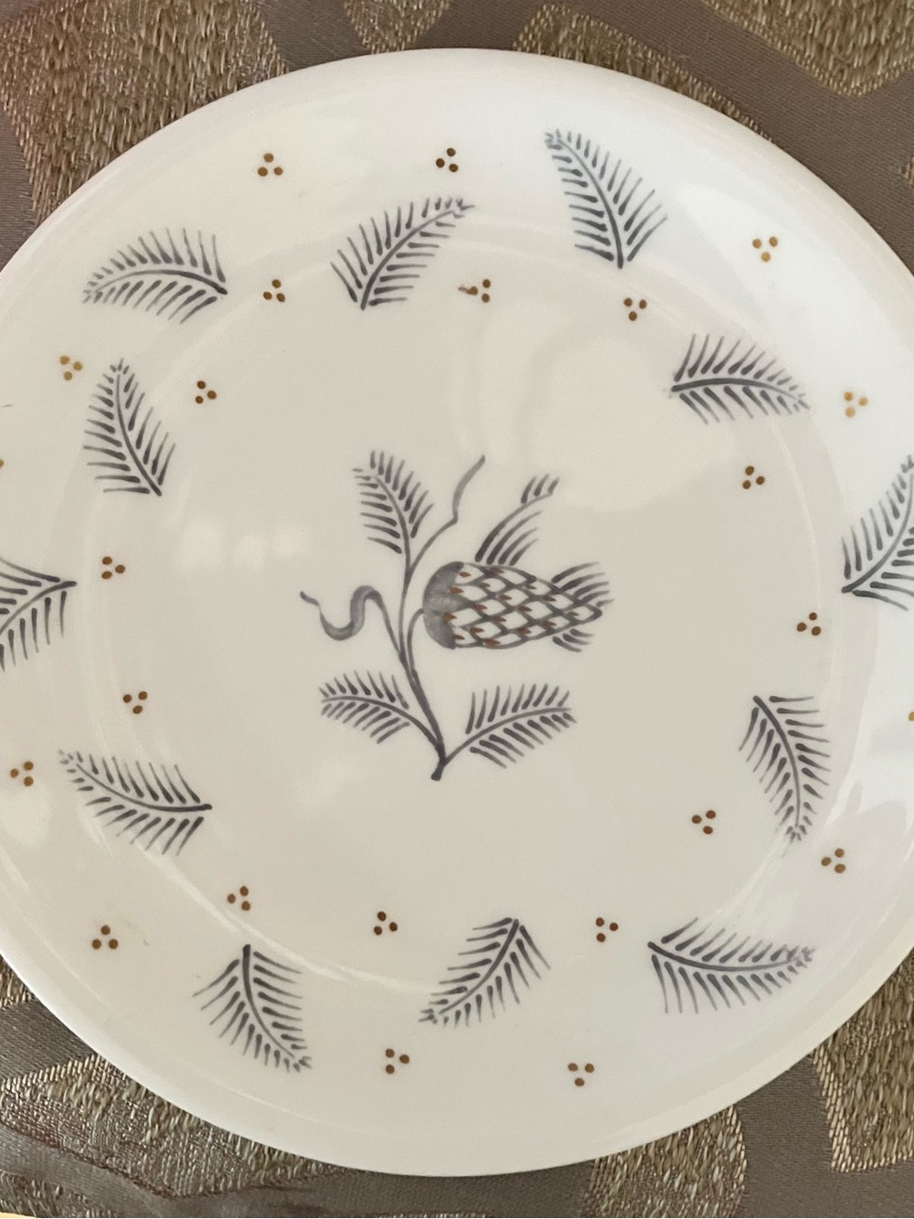 Wedgwood White Plate with Gray Pinecone Motif and Gold Dot Accents
